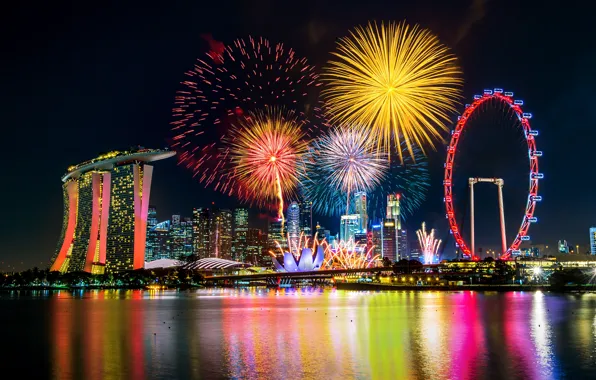 Night, city, lights, salute, colorful, New Year, fireworks, happy