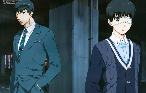 Costume, tie, eye patch, two guys, white shirt, Tokyo Ghoul, Ken Kanek, Tokyo Monster