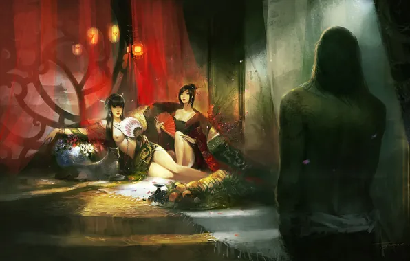 Cat, girls, tattoo, male, Art, geisha, treat, Banquet