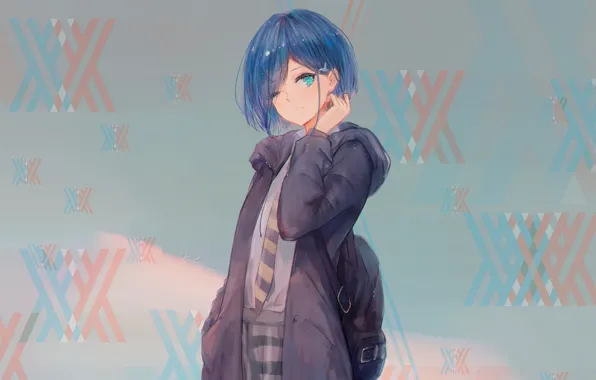 Look, girl, grey background, Darling In The Frankxx