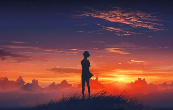 The sky, grass, girl, clouds, sunset, mountain, art, beautiful