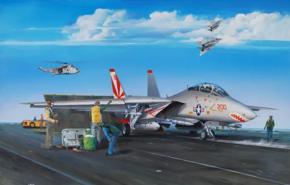War, art, airplane, painting, aviation, jet, Grumman F-14 Tomcat