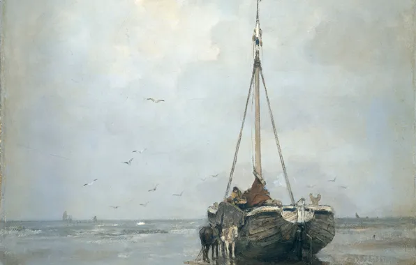 Sea, oil, picture, canvas, Jacob Maris Hendrikus, Ship on the Beach of Scheveningen