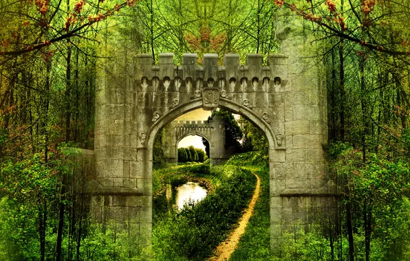 Forest, trees, Park, river, stream, gate, arch