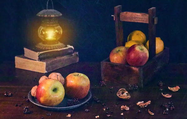 Light, berries, the dark background, apples, books, treatment, texture, plate