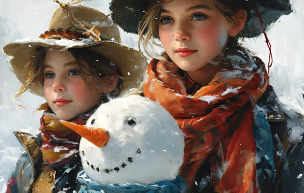 Winter, snow, children, retro, Christmas, New year, snowman, vintage