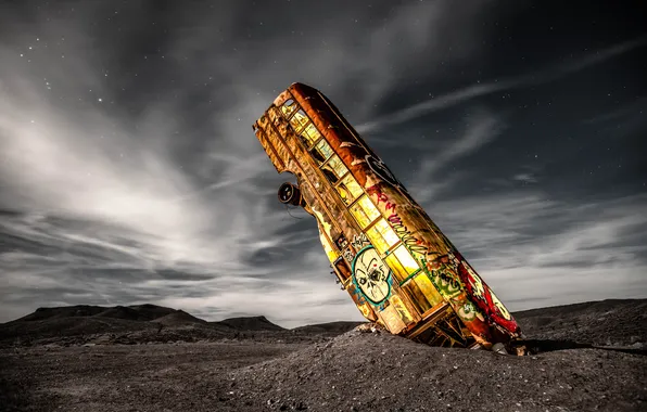 Crash, the sky, clouds, hills, desert, the skeleton, bus, painting