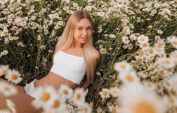 Look, girl, flowers, pose, smile, mood, chamomile, blonde