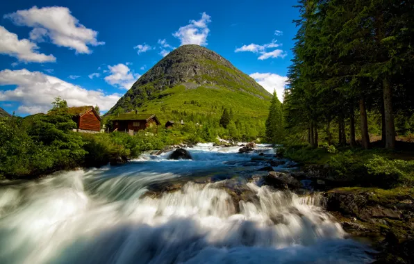 Picture mountain, waterfall, houses, Norway, Valldalen