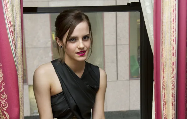 Look, girl, actress, window, brown hair, Emma Watson, Emma Watson, smiling