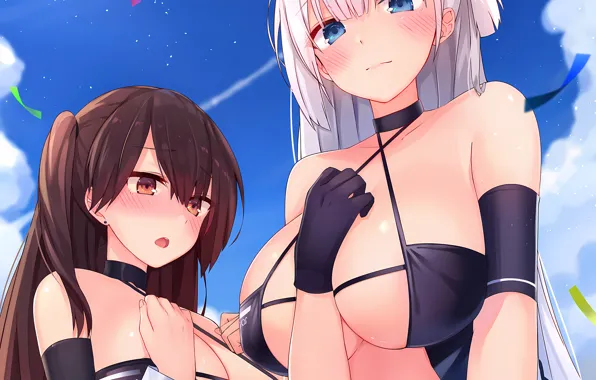 Sexy, cleavage, long hair, girls, brown hair, brown eyes, boobs, anime
