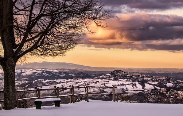 Picture winter, landscape, sunset, Italy, bench, Marche, Smerillo