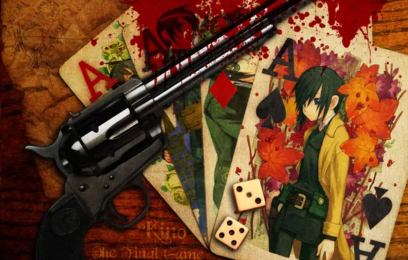 Picture card, gun, cubes, blood, boy