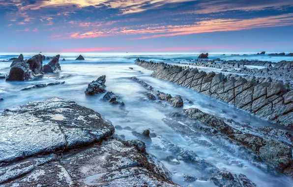 Sea, sunset, rocks, shore
