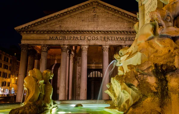 Night, lights, Rome, Italy, fountain, Pantheon