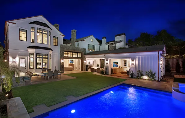 Night, lights, house, lawn, Villa, pool, CA, USA