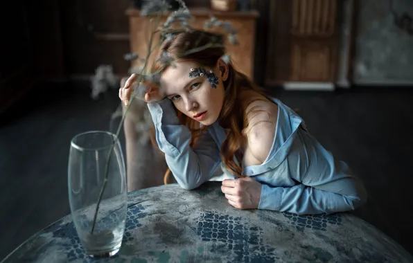 Look, girl, flowers, face, pose, table, room, portrait