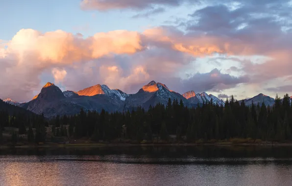 Forest, clouds, mountains, shore, ate, pond