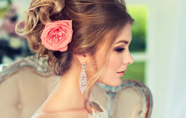 Picture girl, style, rose, earrings, makeup, hairstyle, profile