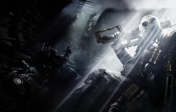 Picture light, weapons, people, gas mask, subway, Metro: Last Light