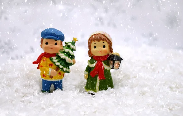 Winter, snow, children, holiday, toys, boy, Christmas, girl