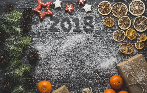 Spruce, cookies, gifts, Mandarin, tsyfry, dry orange, the new year 2018