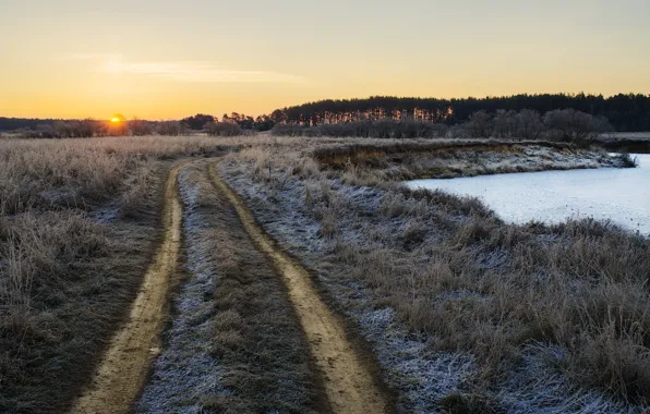 Frost, road, field, autumn, landscape, morning