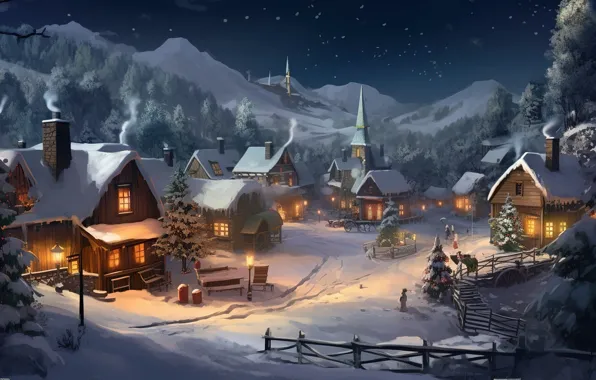 Winter, snow, night, lights, tree, New Year, village, Christmas