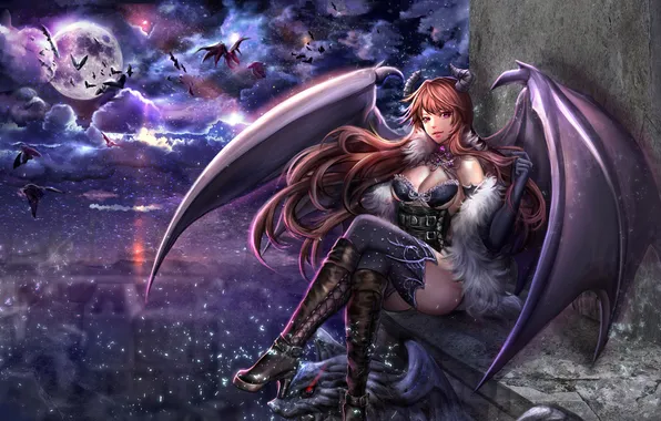 Ass, chest, girl, clouds, night, the moon, feet, wings