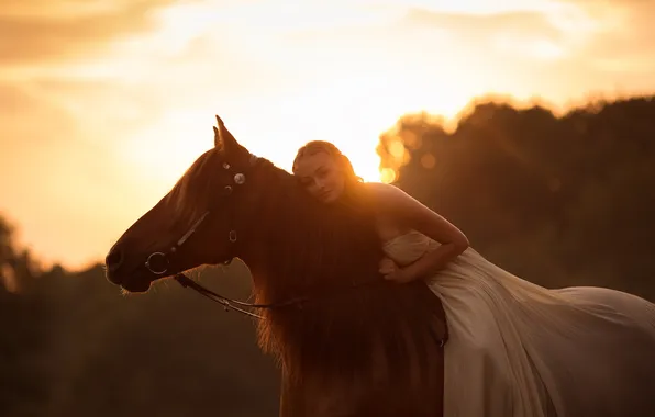 Girl, sunset, horse
