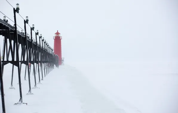 Grand, Winter, Snow, lighthouse, Lake, Michigan, Pier, Haven