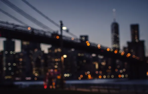 Bridge, lights, New York, panorama, bokeh, United States