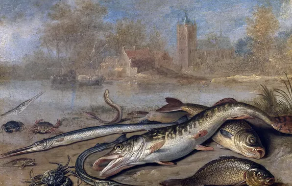 House, river, crab, picture, Church, Jan van Kessel the Elder, Fish in a Landscape