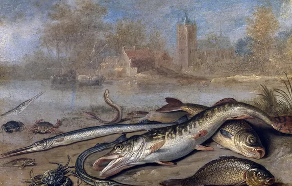 River, crab, home, picture, Church, Jan van Kessel the Elder, Fish in a Landscape