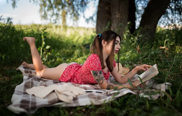 Grass, ass, panties, dress, trees, barefoot, twintails, model