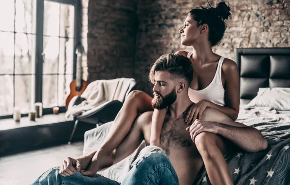 Girl, mood, bed, guy, a couple