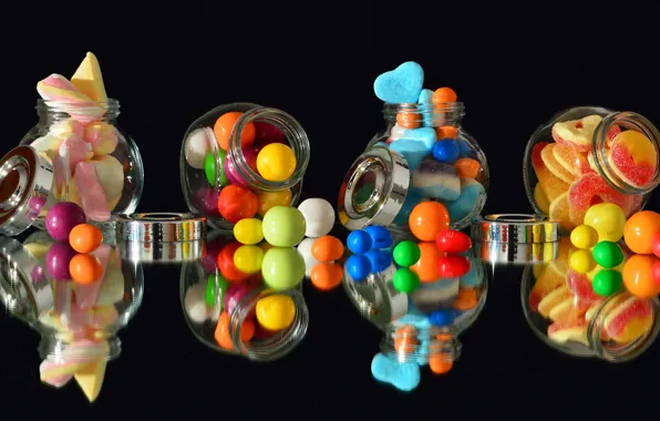 Reflection, food, candy, banks, black background, still life, pastry, a lot