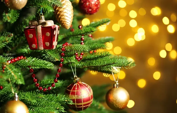 Decoration, branches, lights, tree, Christmas, New year, needles, Christmas decorations