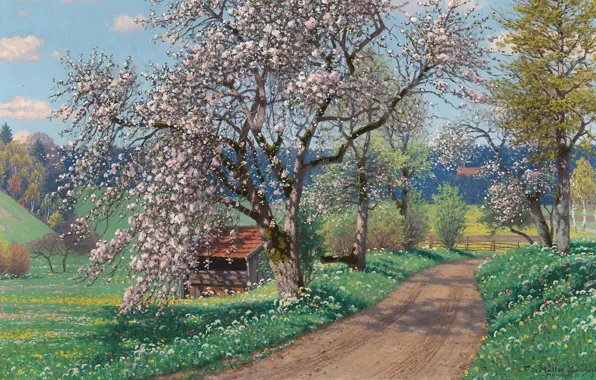 Picture Spring day, German painter, German painter, oil on canvas, Fritz Müller-Landeck, Fritz Müller-Landeck, A Spring …