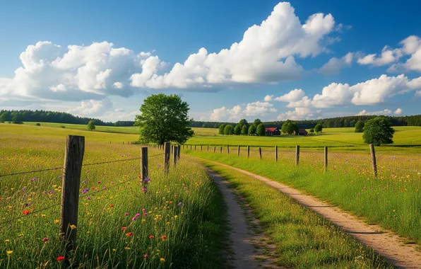 Road, field, the sky, clouds, the fence, road, sky, field