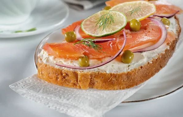 Fish, bow, dill, plate, lime, red, sandwich, slices