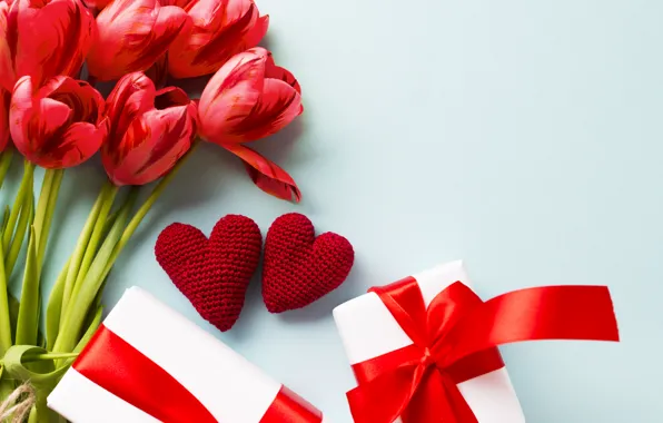 Picture love, flowers, bouquet, gifts, hearts, tulips, Valentine's day