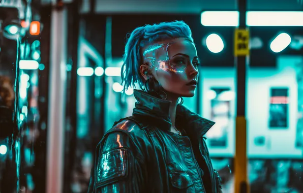 City, night, street, cyberpunk, men, women, bokeh, leather jacket