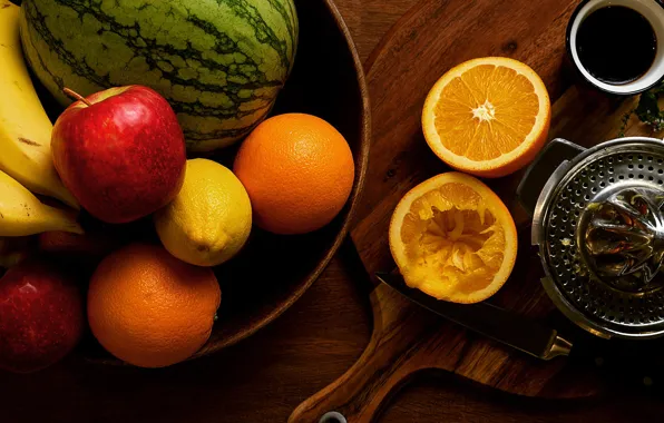 The dark background, lemon, apples, Board, oranges, watermelon, knife, bananas