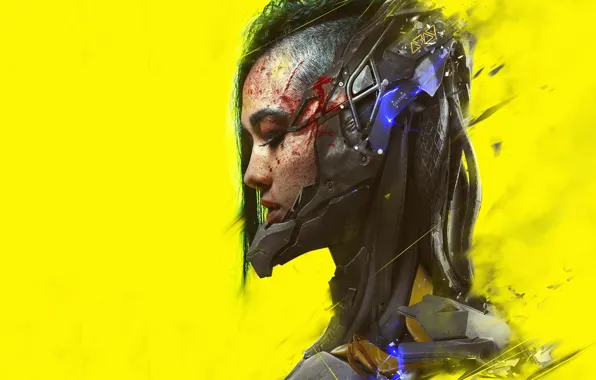 Girl, art, profile, cyberpunk, yellow background, cyberpunk