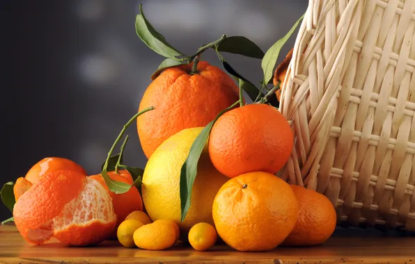 Leaves, basket, oranges, fruit, citrus, peel, tangerines