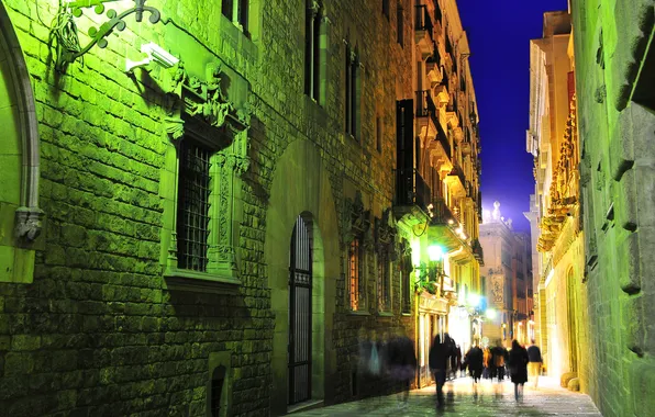 Night, lights, street, home, hdr, Spain, Barcelona, the Gothic quarter