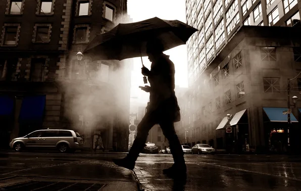 Machine, umbrella, mood, street, building, phone, guy