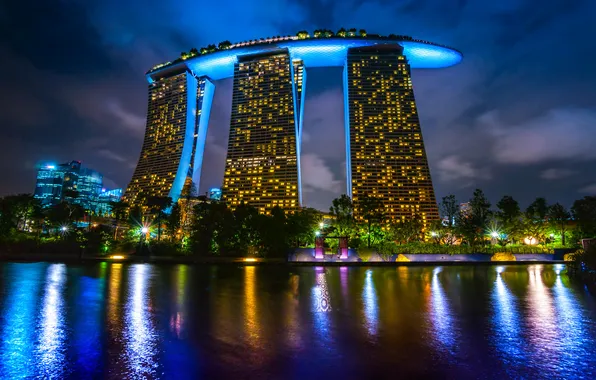 Picture night, design, lights, river, the building, lights, Singapore, promenade