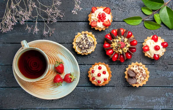 Berries, tea, Board, strawberry, the tea party, Cup, dessert, cakes
